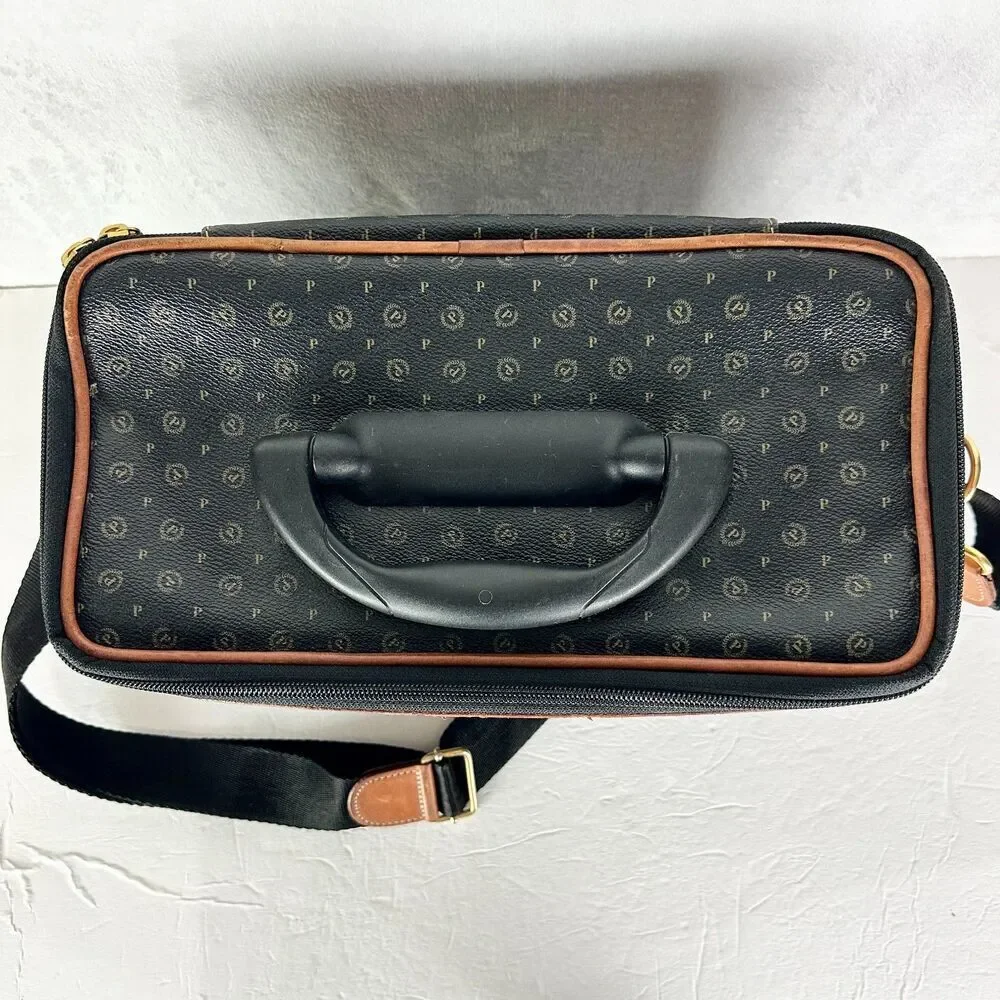 Pollini Vintage Leather Monogram Vanity Case Travel Toiletry Carry On Cosmetic